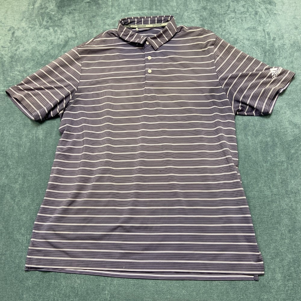 Adidas Polo Shirt Mens XL Purple White Striped Performance Logo Golf Collared